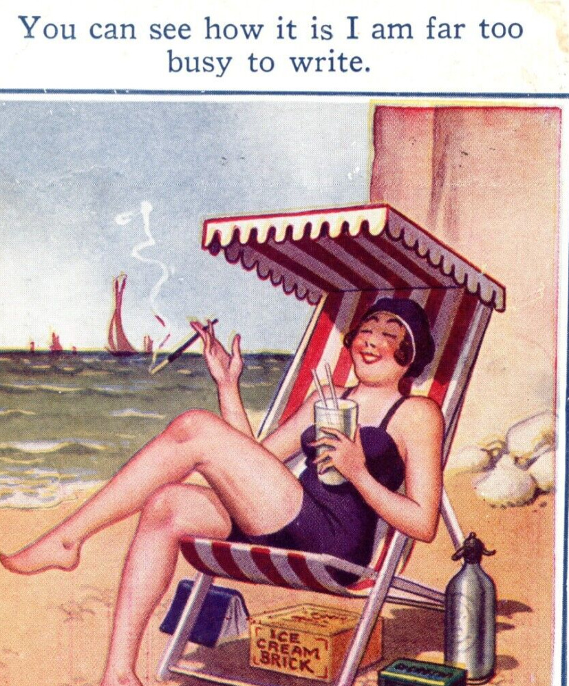 Humor Too Busy To Write Postcard Vintage 1931 Woman On Beach Relaxing