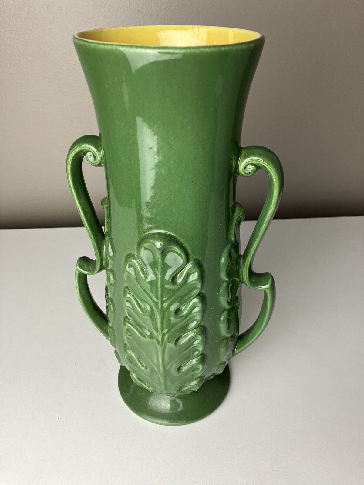 Vintage Green Ceramic Double Handled Redwing Vase