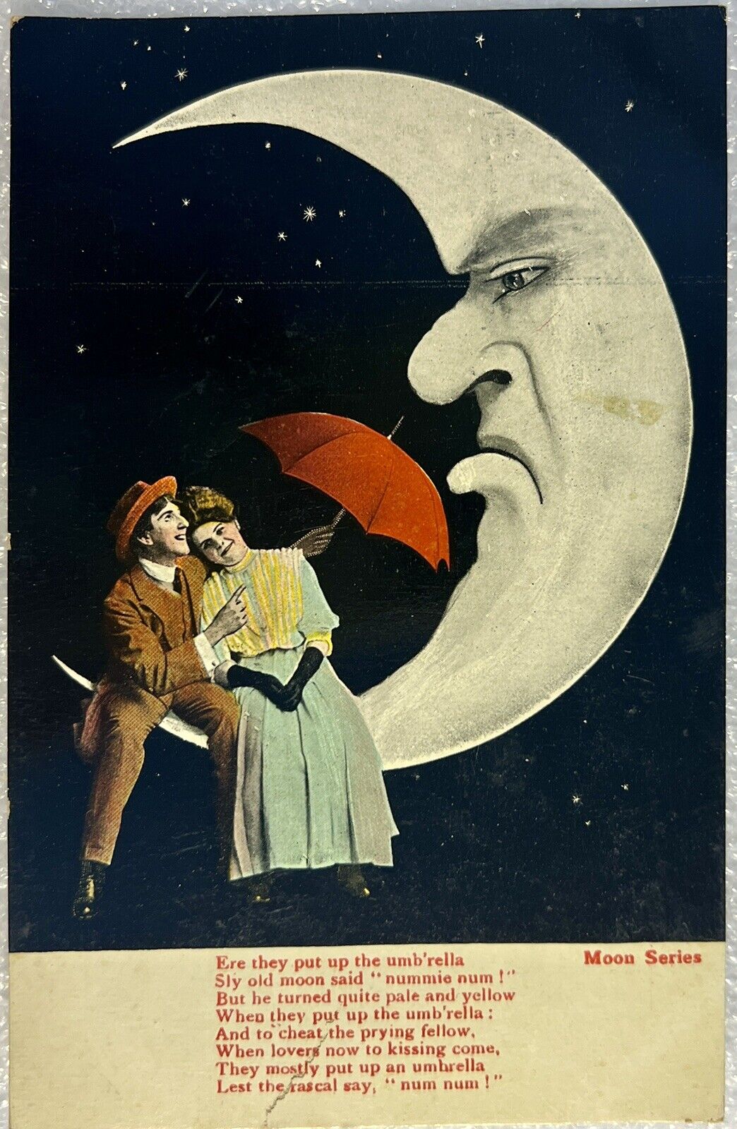 Grouchy Crescent Moon Anthropomorphic Postcard 1906 Paper Damaged