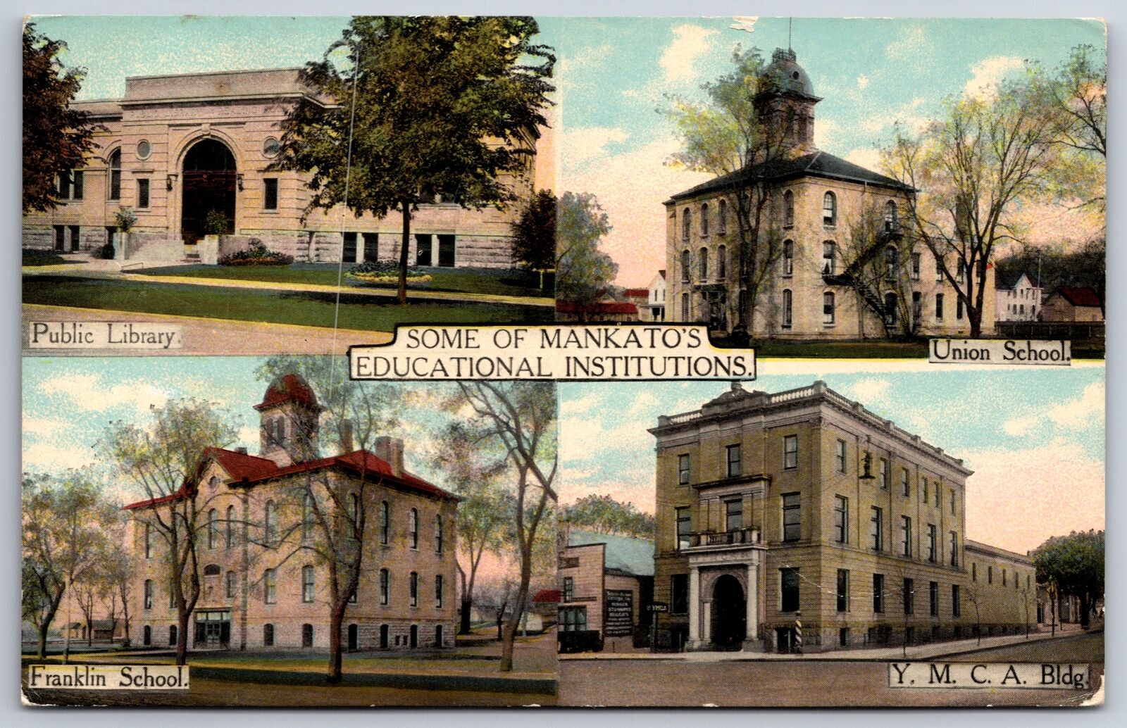Mankato Minnesota~Public Library~Union School~Franklin School~YMCA~c1910 PC