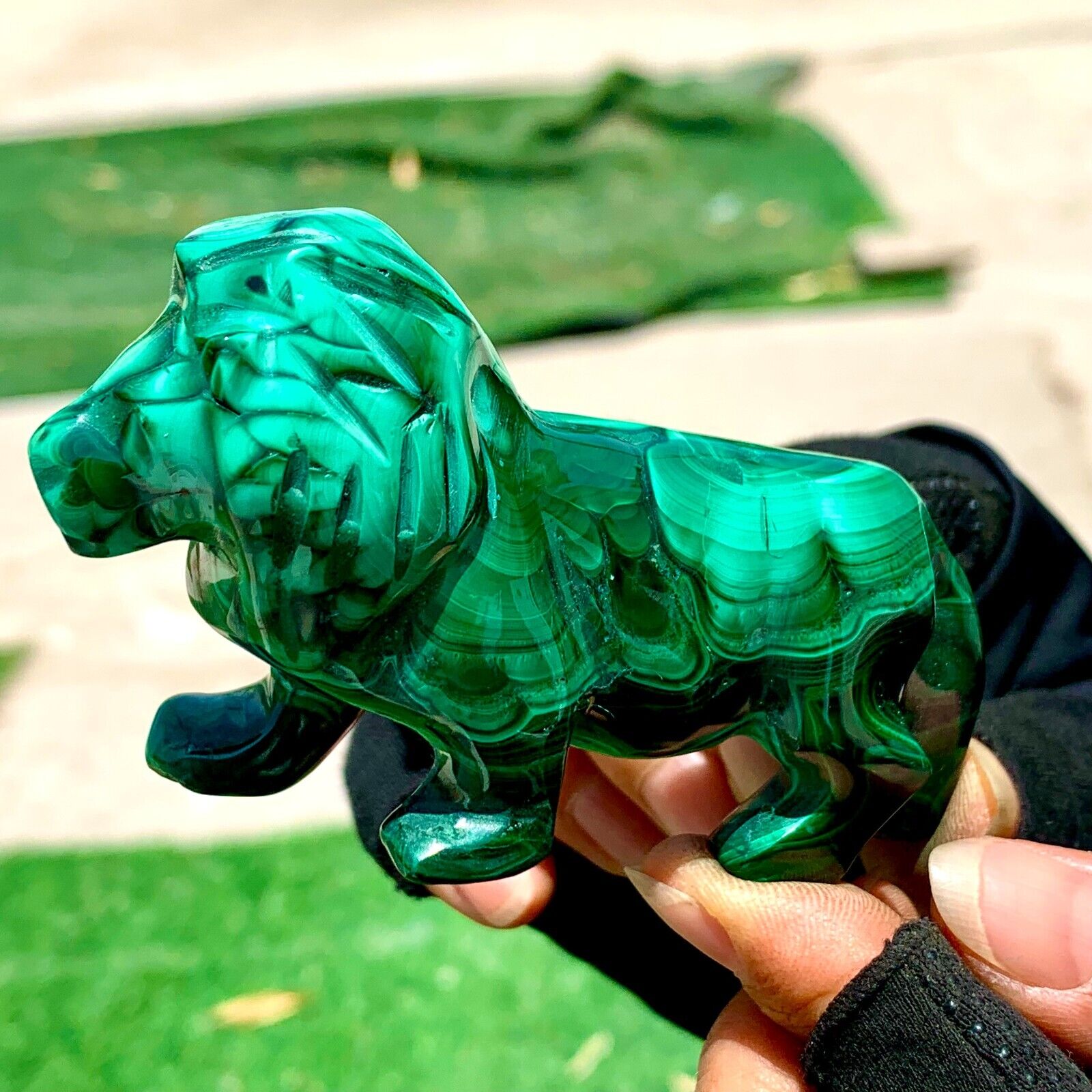 168G Natural glossy Malachite Crystal  Handcarved lion mineral sample