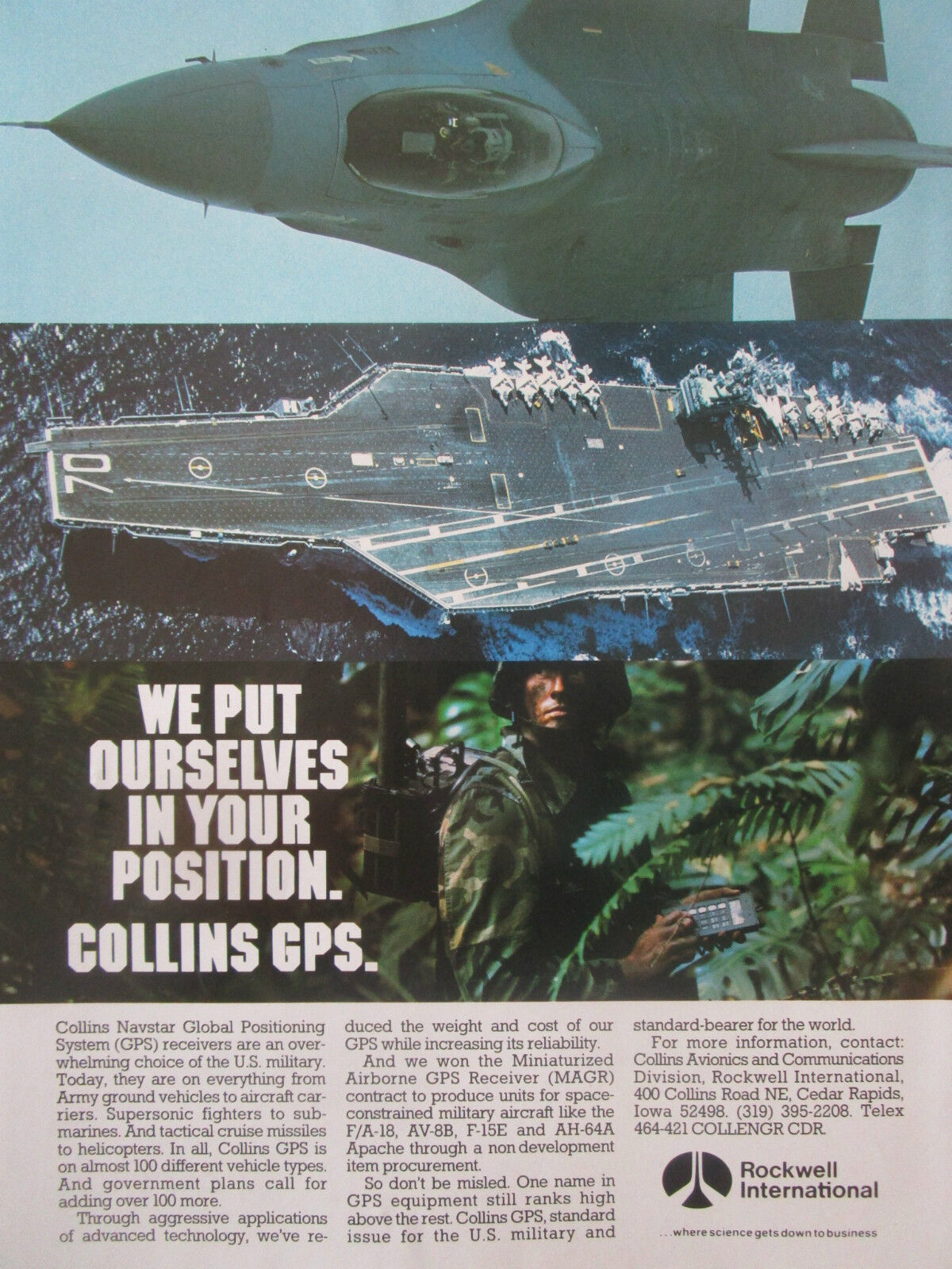 6/1991 PUB ROCKWELL COLLINS GPS SATELLITE US ARMY NAVY USAF ORIGINAL AD
