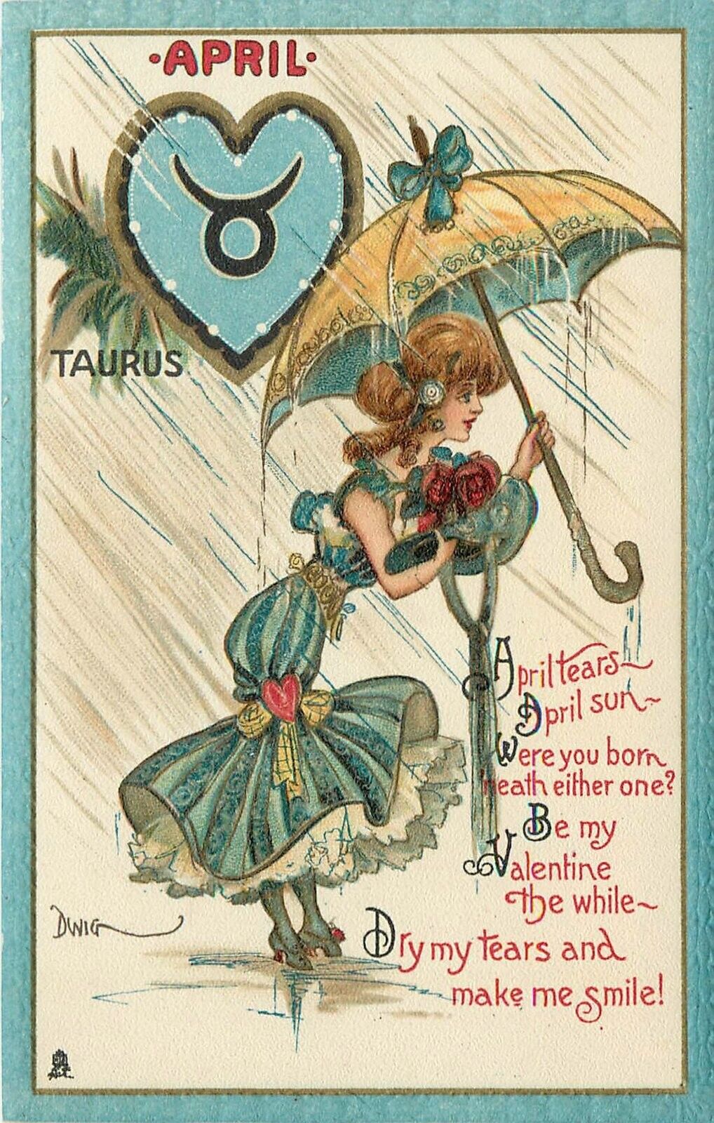 Postcard C-1910 Tuck Dwig Taurus Astrology fashion woman Valentine TP24-1668