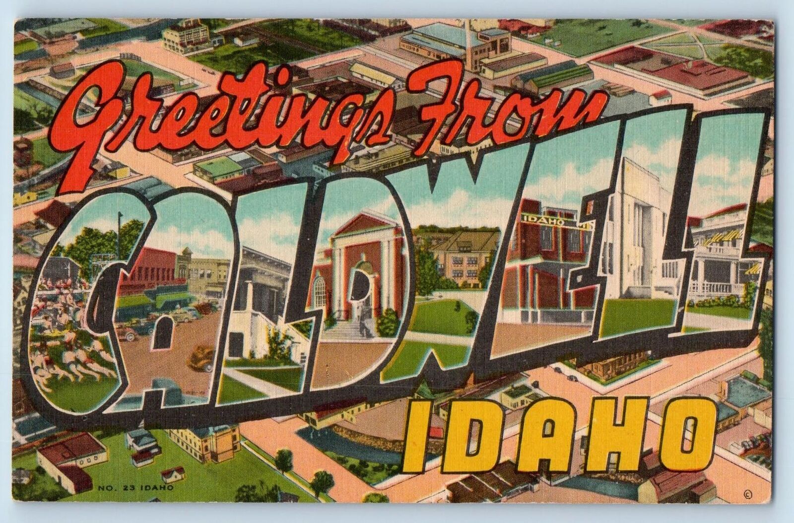 Caldwell Idaho ID Postcard Large Letter Greetings Landmarks Scene c1940s Vintage