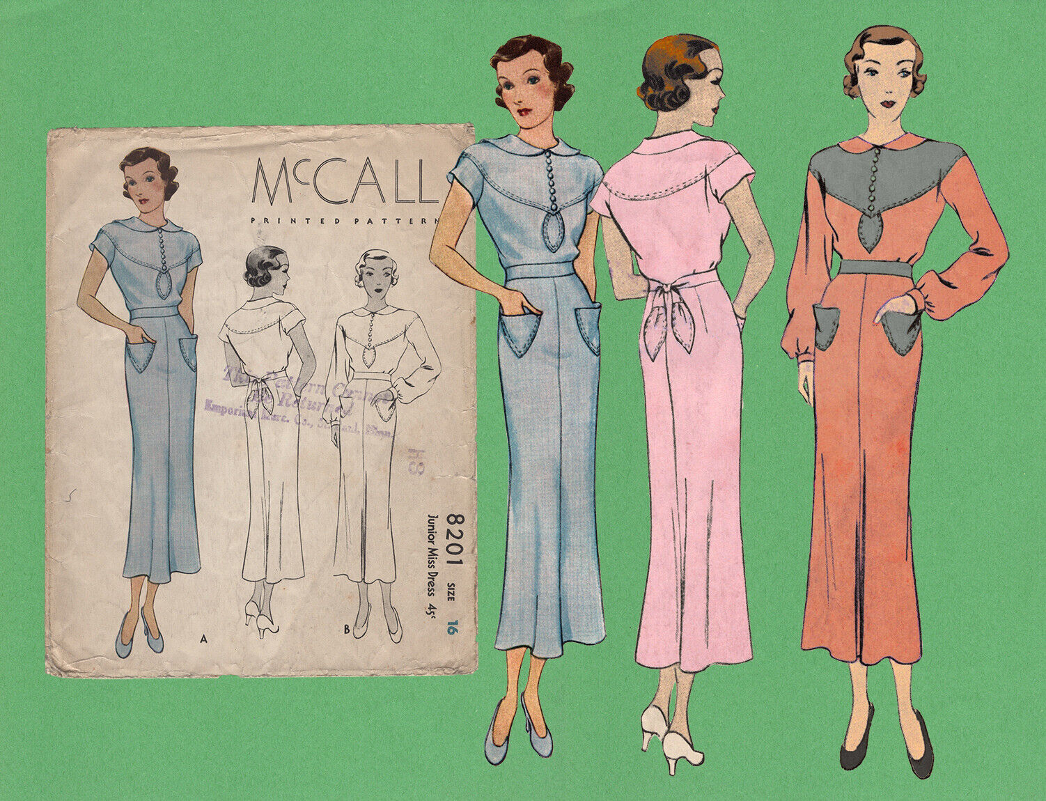 Vtg 30s Sewing Pattern McCall 8201 Art Deco Dress Myrna Loy Frock B 34 FF