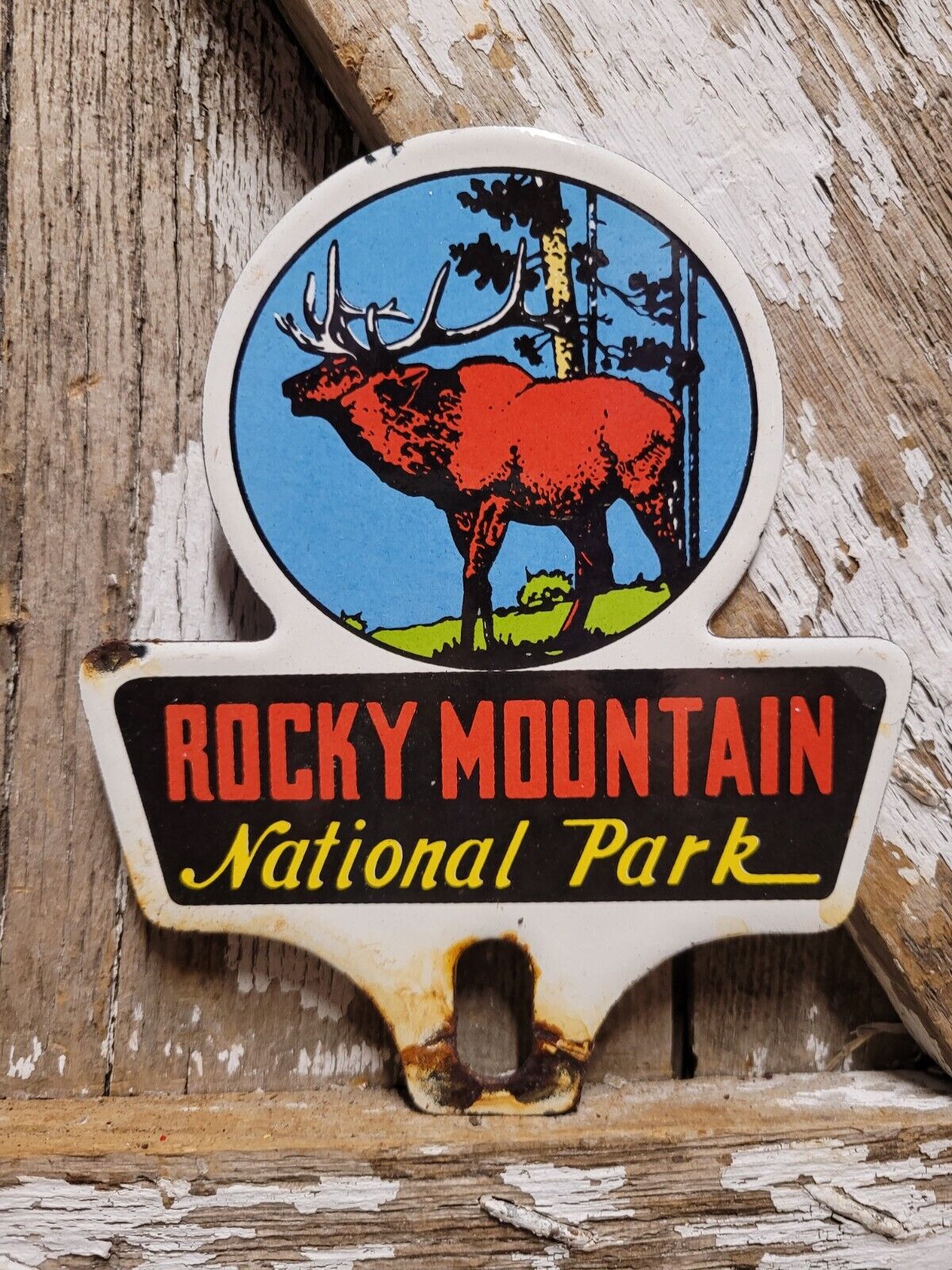 VINTAGE ROCKY MOUNTAIN NATIONAL PARK PORCELAIN SIGN TAG TOPPER FOREST SERVICE