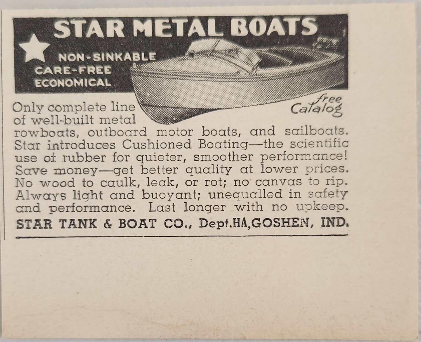 1937 Print Ad Star Metal Boats Non-Sinkable Star Tank & Boat Goshen,Indiana