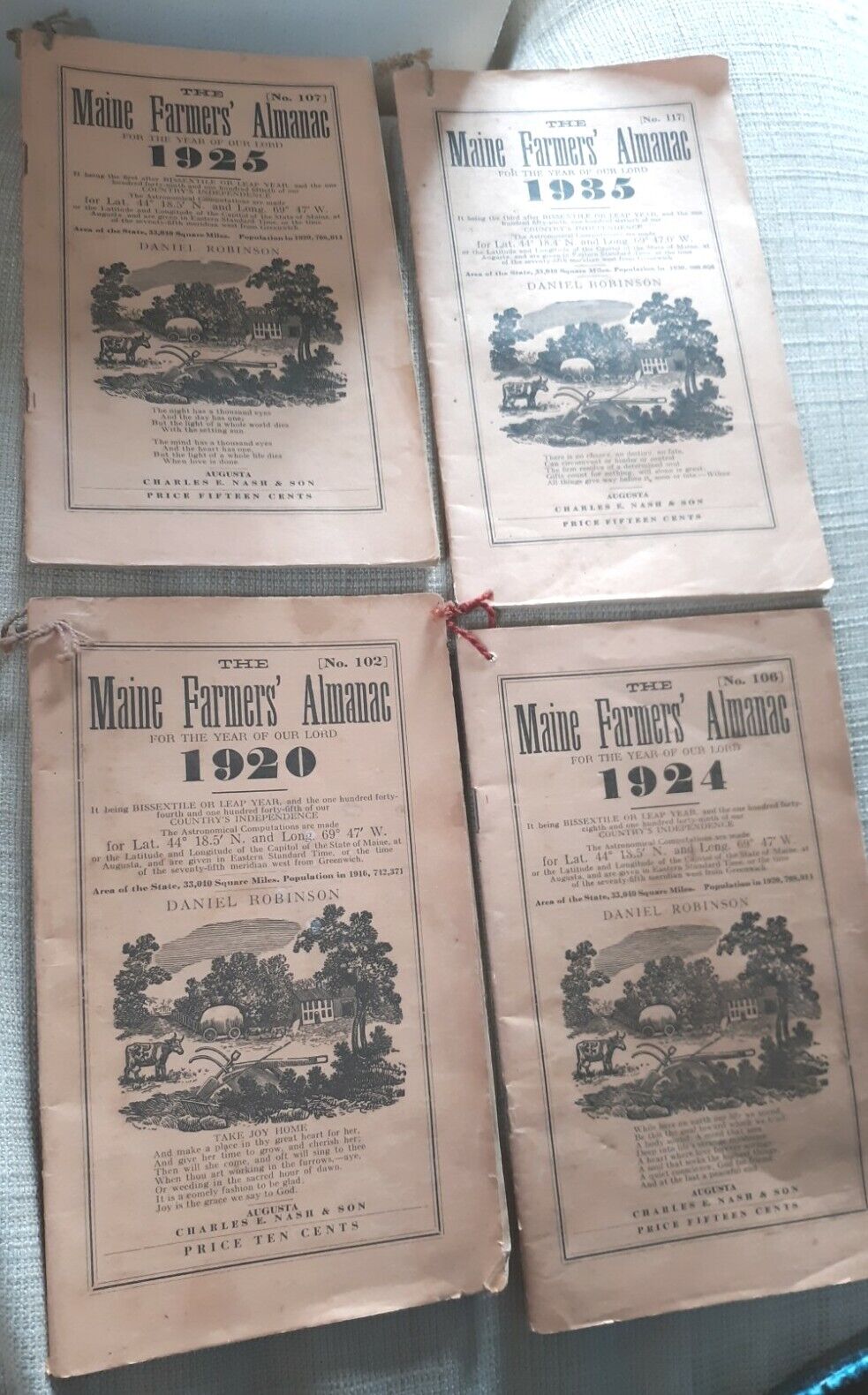 4 old Farmers almanacs Maine dated  1920 1924 1925 1935  Charles Nash Augusta.
