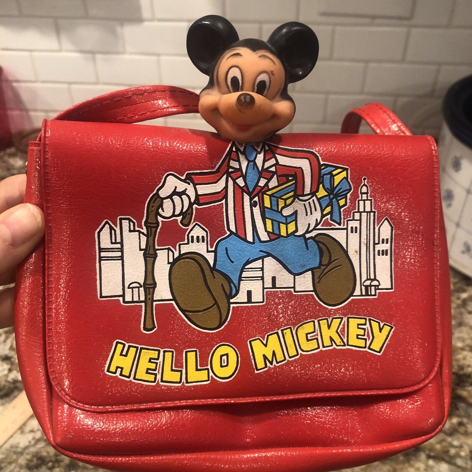 Vintage Rubber Head Hello Mickey Mouse Purse Bag Red Cityscape Present Gift 