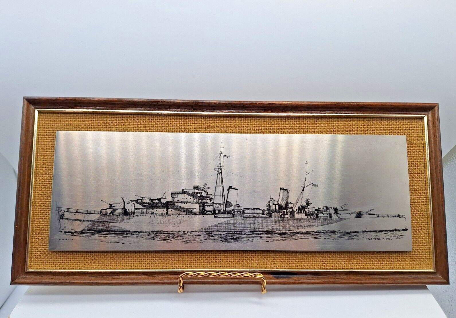 H M S Charybdis 1942 Etched Copper Plaque  signed J A Hurley England