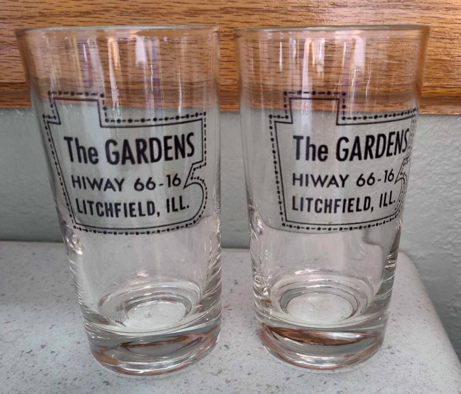 Pair of The Gardens Litchfield IL Route Highway 66 - 16 Vintage Glasses