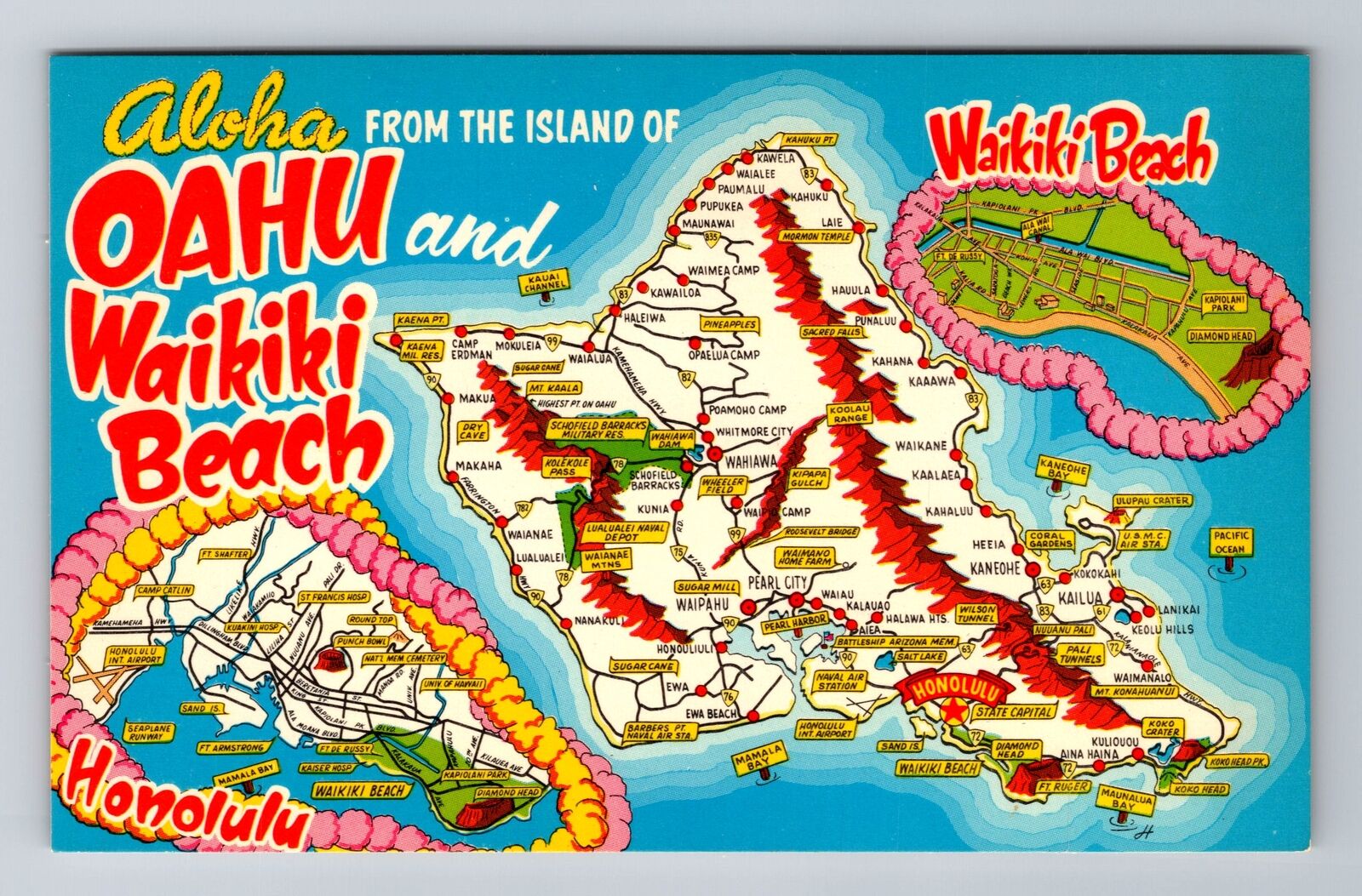 Oahu HI-Hawaii, Aerial Map Landmarks Greetings, Antique, Vintage Postcard