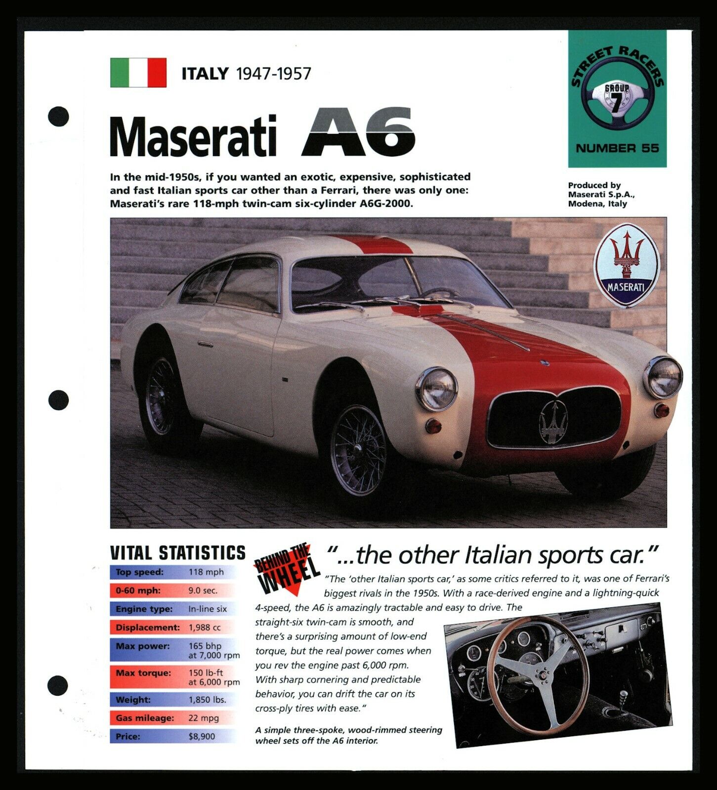 Maserati A6 (Italy 1947-1957) Spec Sheet 1998 HOT CARS Street Racers #7.55