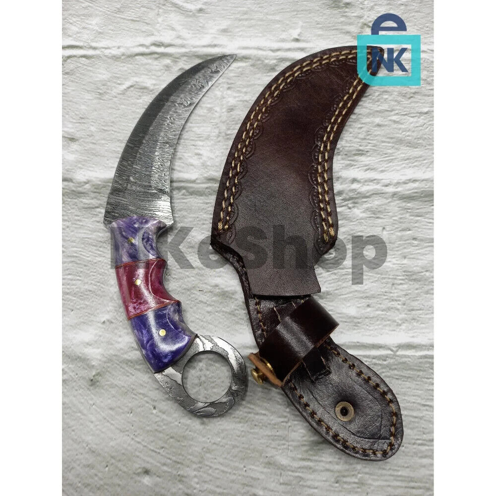 Damascus double side Karambit Knife with Leather Pouch