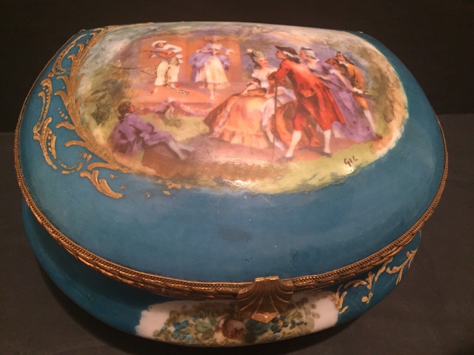 Beautiful Turquoise Sevres Style Porcelain Box Romantic Scenes Signed  Gil