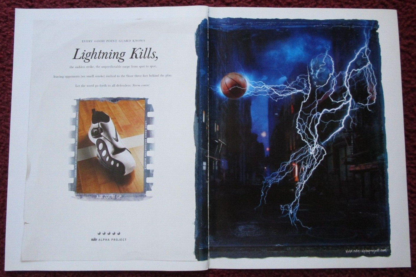 1999 NIKE Alpha Project Sneakers Basketball Shoes Print Ad ~ Lightening Kills