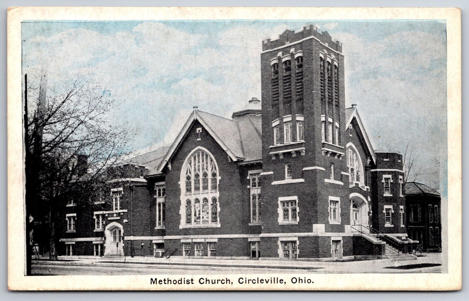 Circleville Ohio~Methodist Church On Corner~Entrances Both Sides~Blue Sky B&W PC