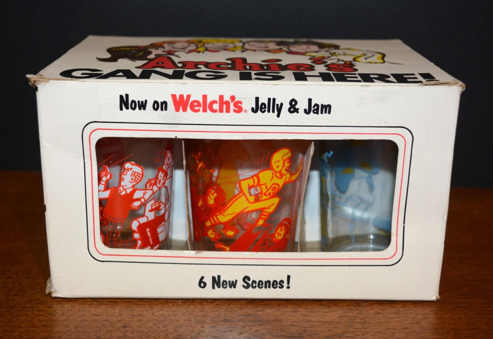 1973 Archie's Welch's Jelly Jars Glasses BOXED SET (6) Archies Archie Comics