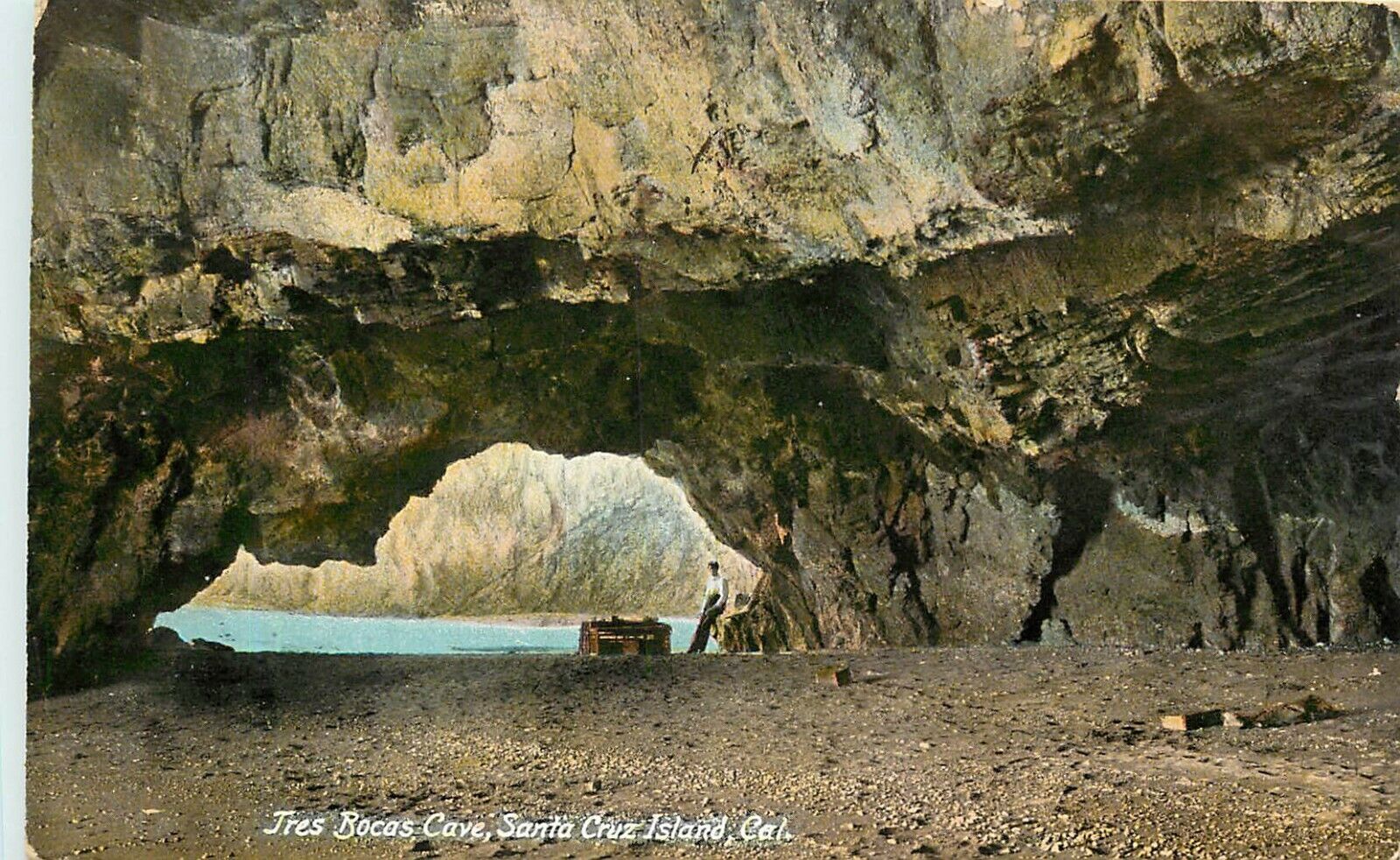 c1910 Postcard; Tres Bocas Cave, Santa Cruz Island CA Man inside for Scale