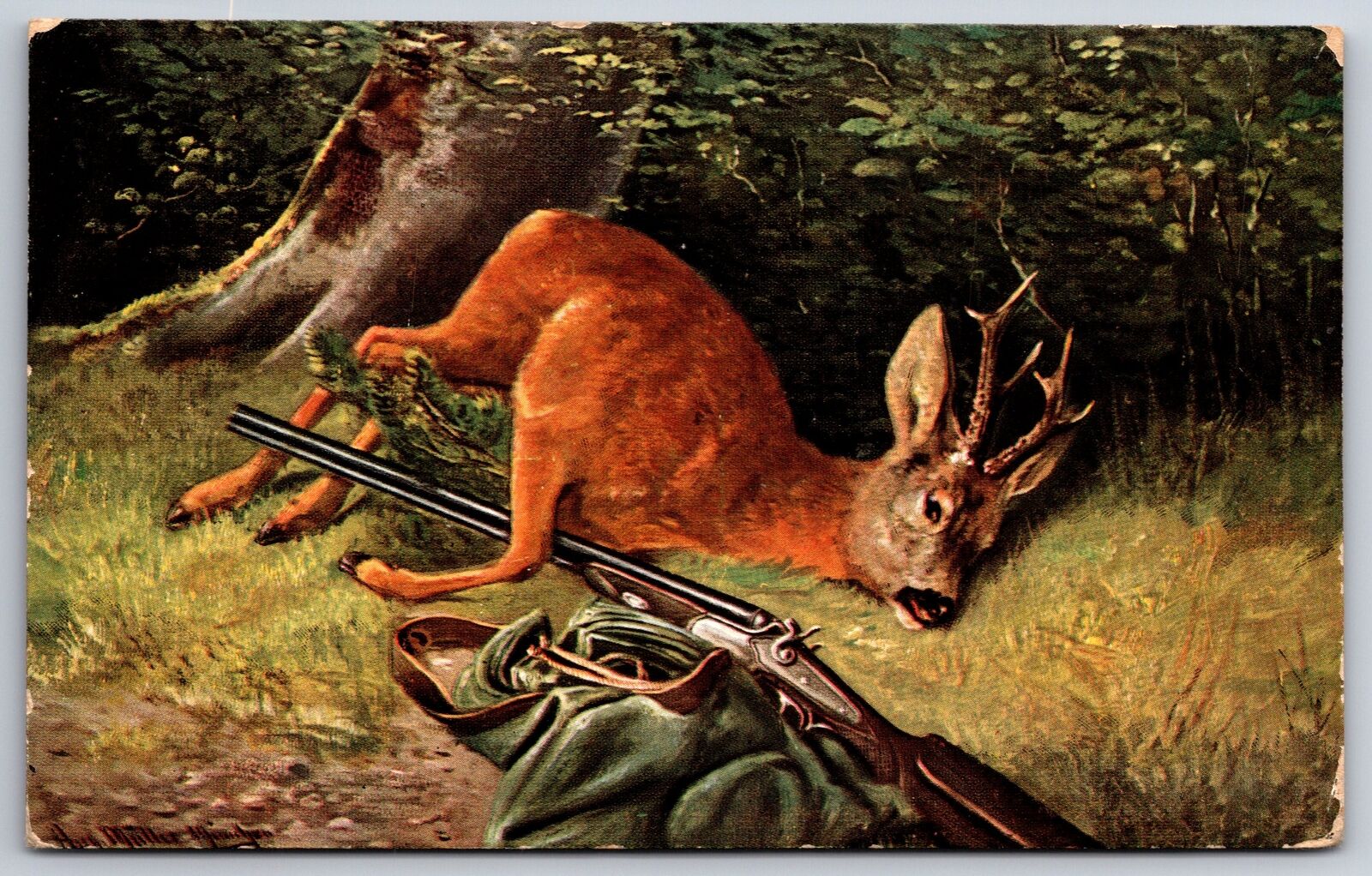 August Muller~Deer Hunting Season~Young Buck Lays Across Gun~Jacket~IPCC~c1910