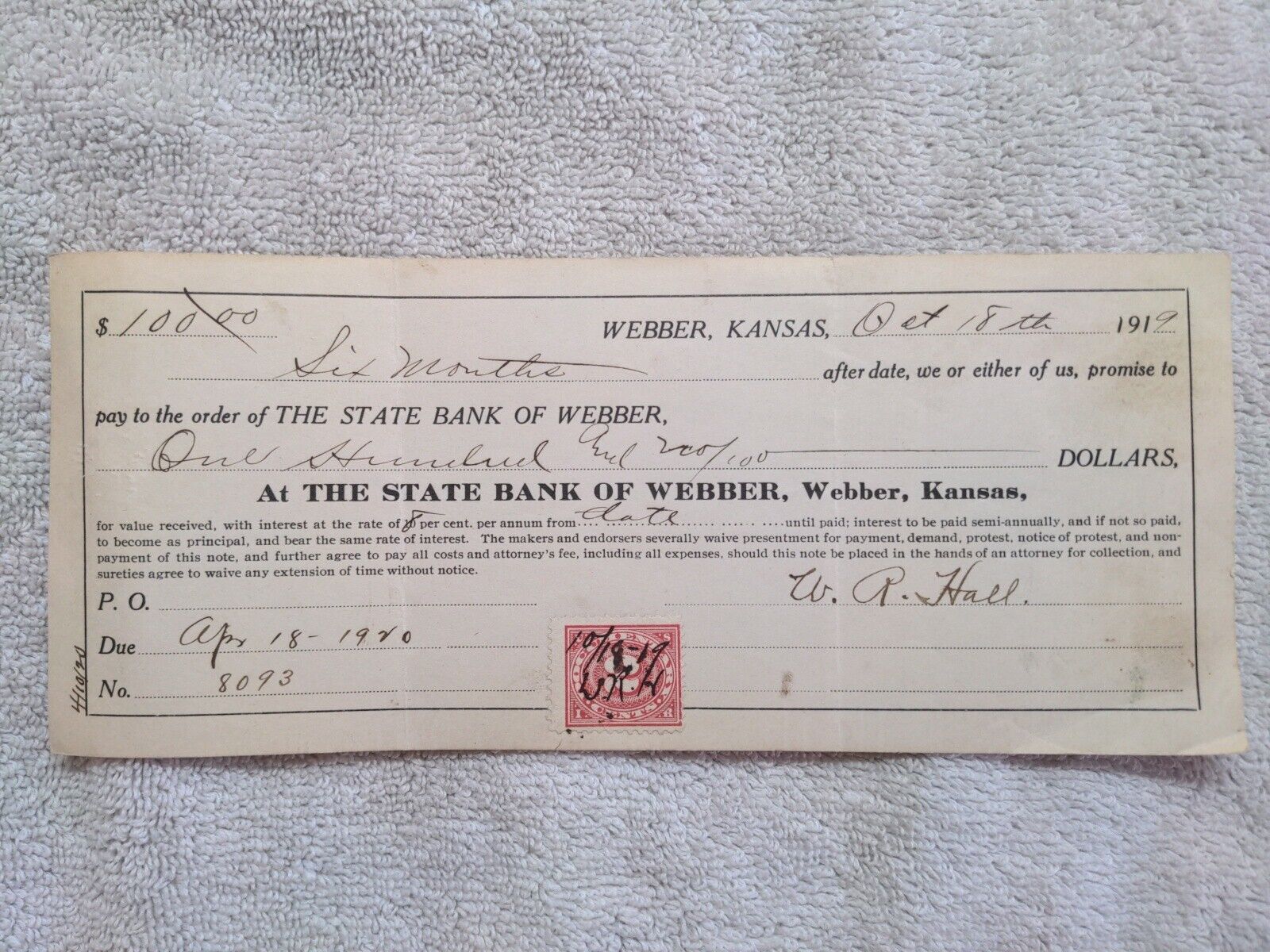 Bank Check 1919 State Bank of Webber Kansas