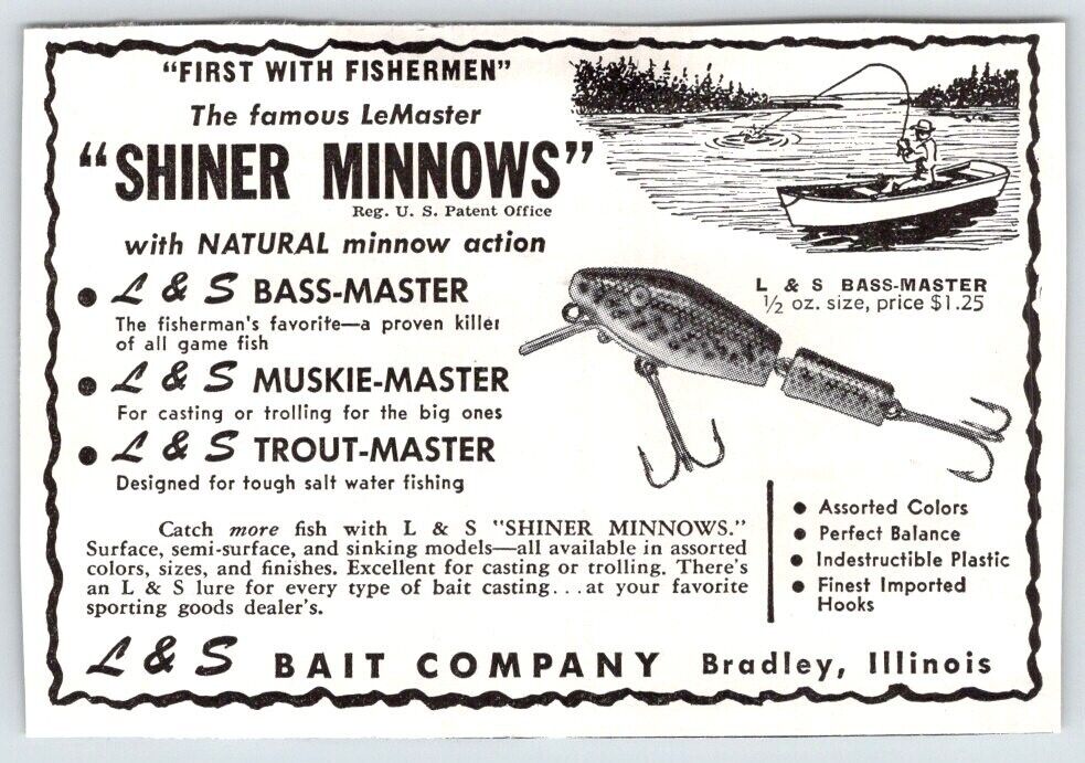 1948 L&S BAIT CO. SHINER MINNOWS FISHING LURE AD Vtg 3\