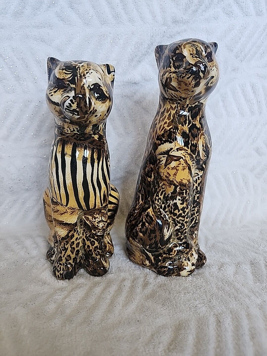 Pair Of La Vie Safari Patchwork Ceramic Animal Print Cat Figurine Cheetah (2x)