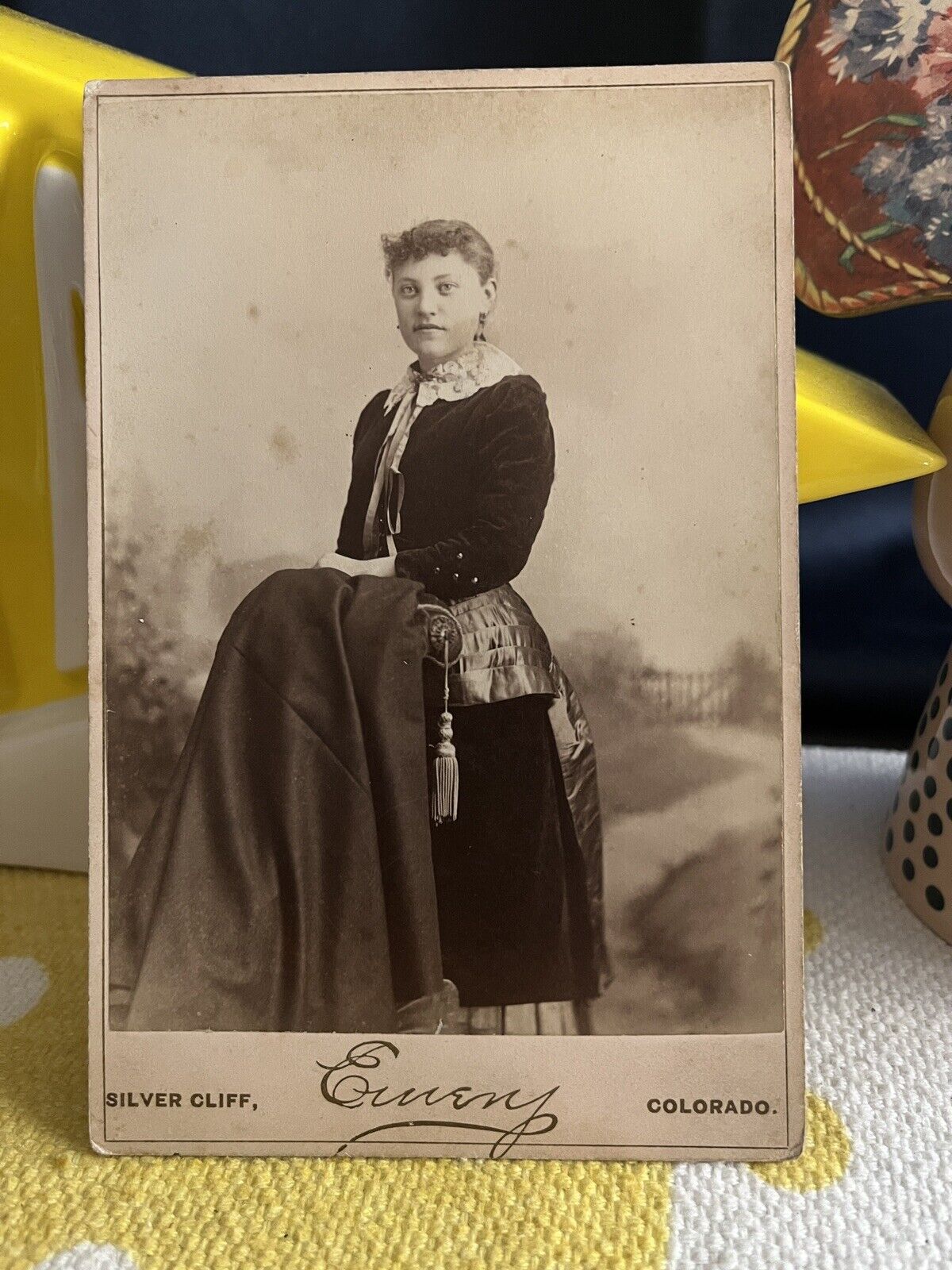 ATQ Cabinet Card Portrait Lovely Young Woman Emery Studio Silver Cliff Colorado