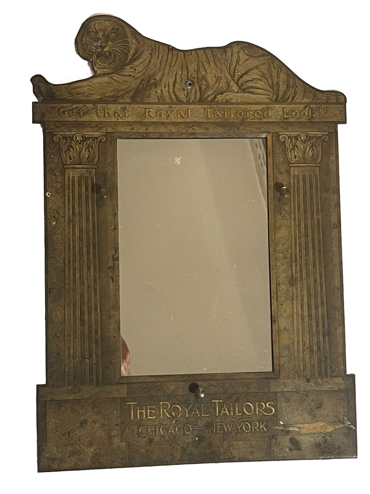 Antique Original THE ROYAL TAILORS Tin Litho Advertising Mirror Sign w/ Tiger