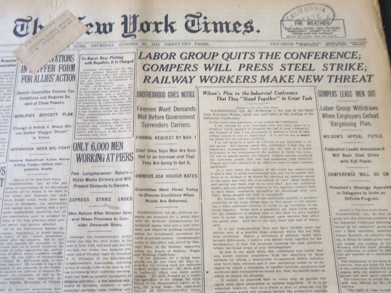 1919 OCTOBER 23 NEW YORK TIMES - GOMPERS WILL PRESS STEEL STRIKE - NT 6408