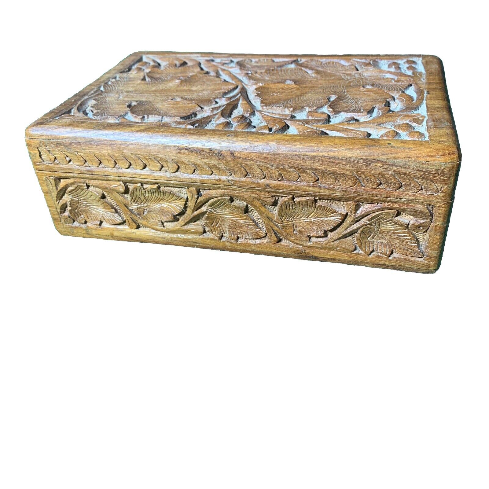 Vintage Hand Carved Wood Jewelry Box Florals Art Trinket Tramp India