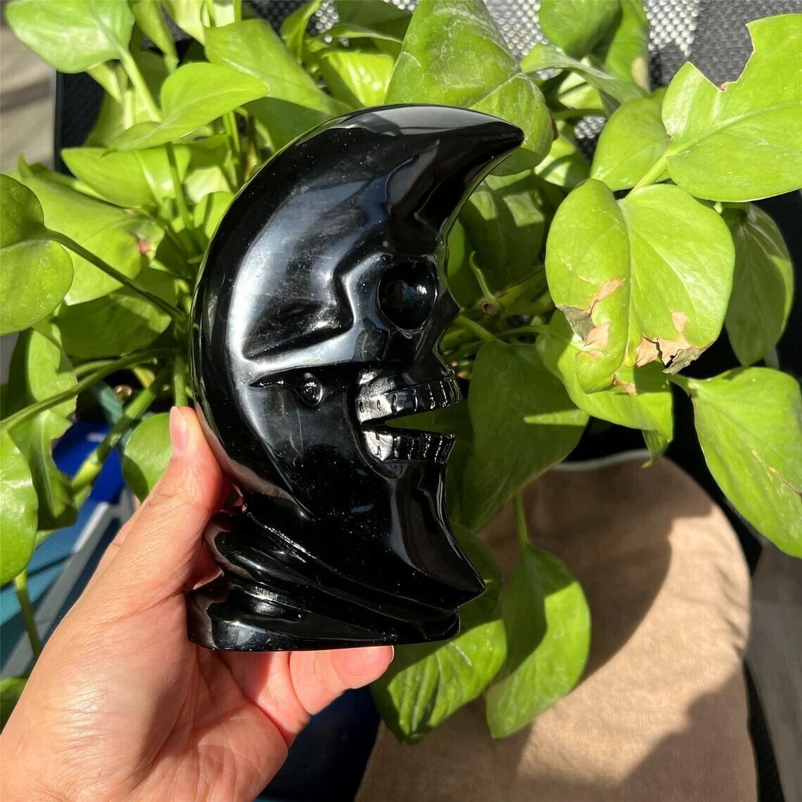 1pc Big Natural Hand Obsidian Moon Skull Carved