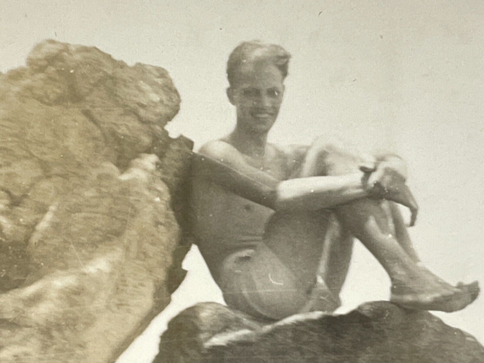 PH Photograph Handsome Man Short Bathing Suit Sexy Legs Big Rocks 1940's Feet