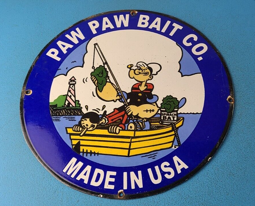 Vintage Paw Paw Bait Sign - Popeye Fishing Sign - Gas Service Pump Plate Sign