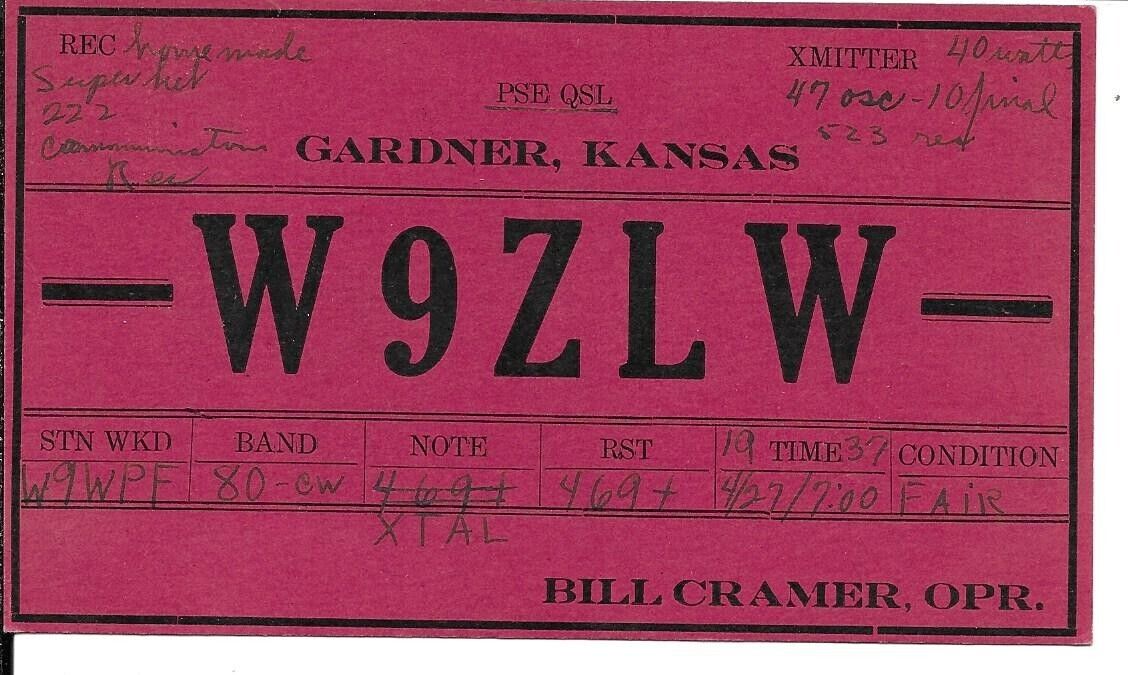 QSL 1937 Gardner Kansas    radio card