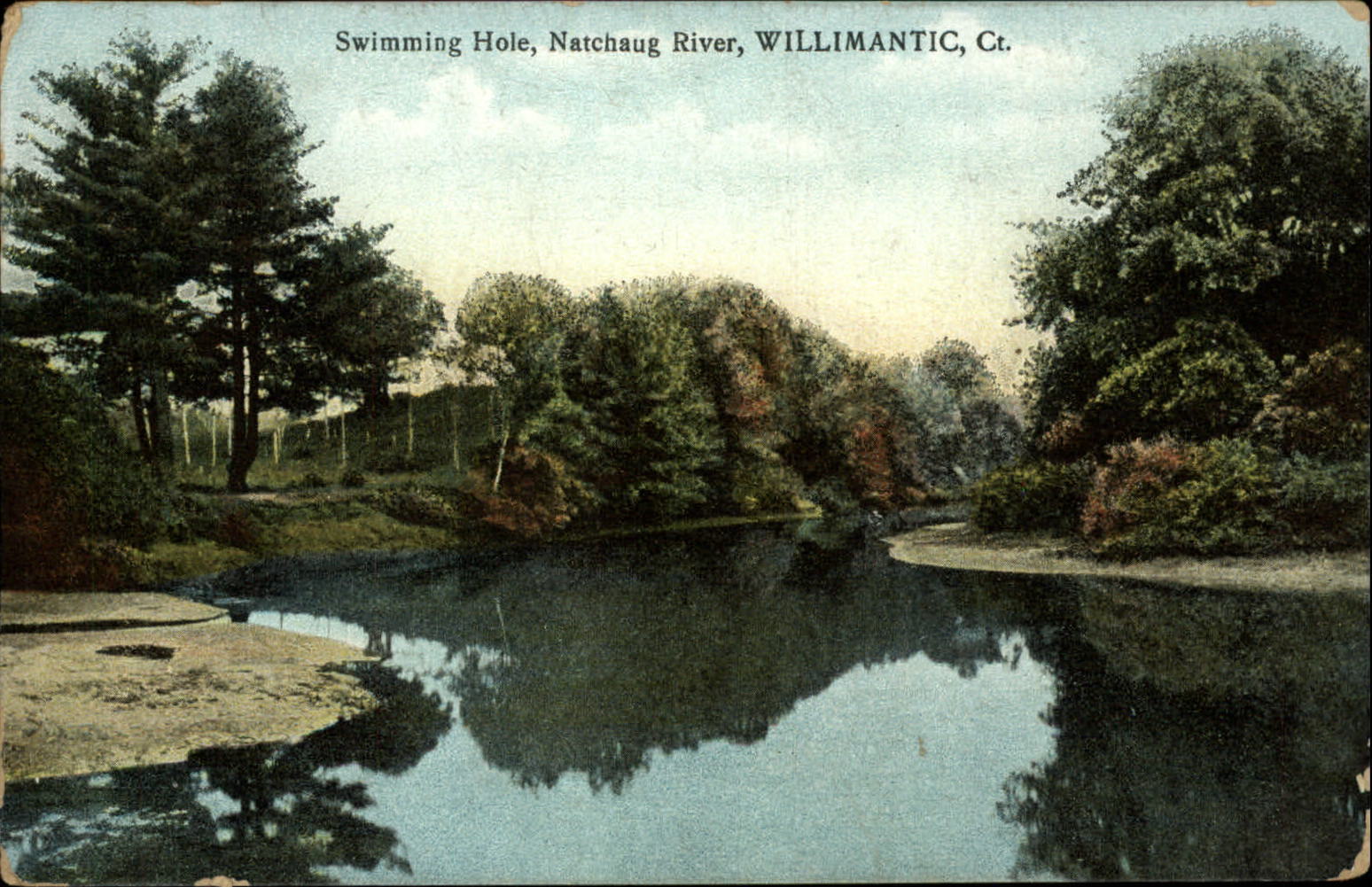 Swimming Hole ~ Natchaug River ~ Willimantic Connecticut CT ~ 1908 postcard