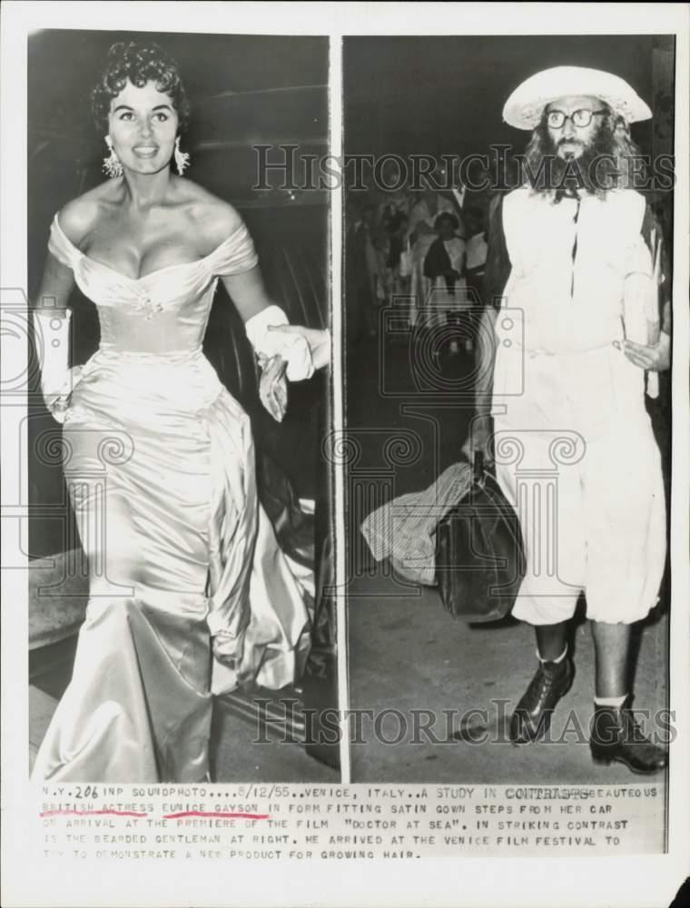 1955 Press Photo Actress Eunice Gayson & Bearded Man at Venice Film Festival