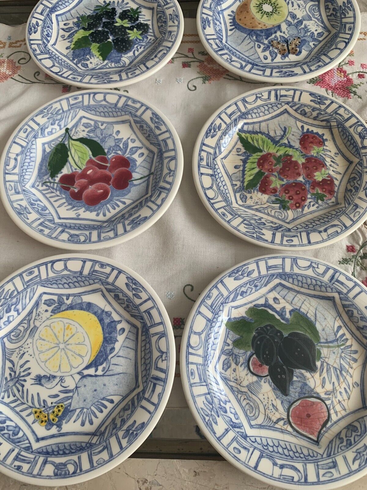 Vintage Gien France Oiseau Bleu Fruit Themed Dessert Plate Set
