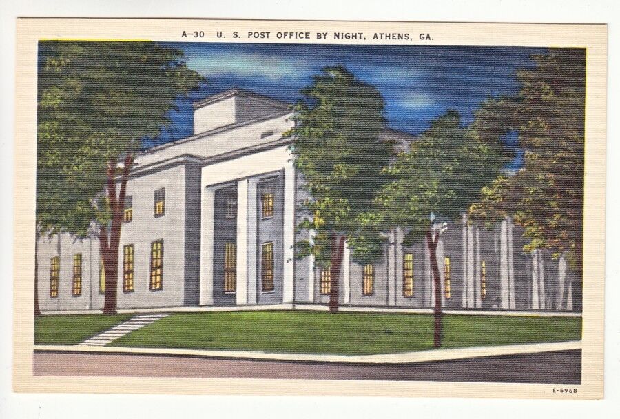 Postcard: Post Office, Athens, GA - Night View