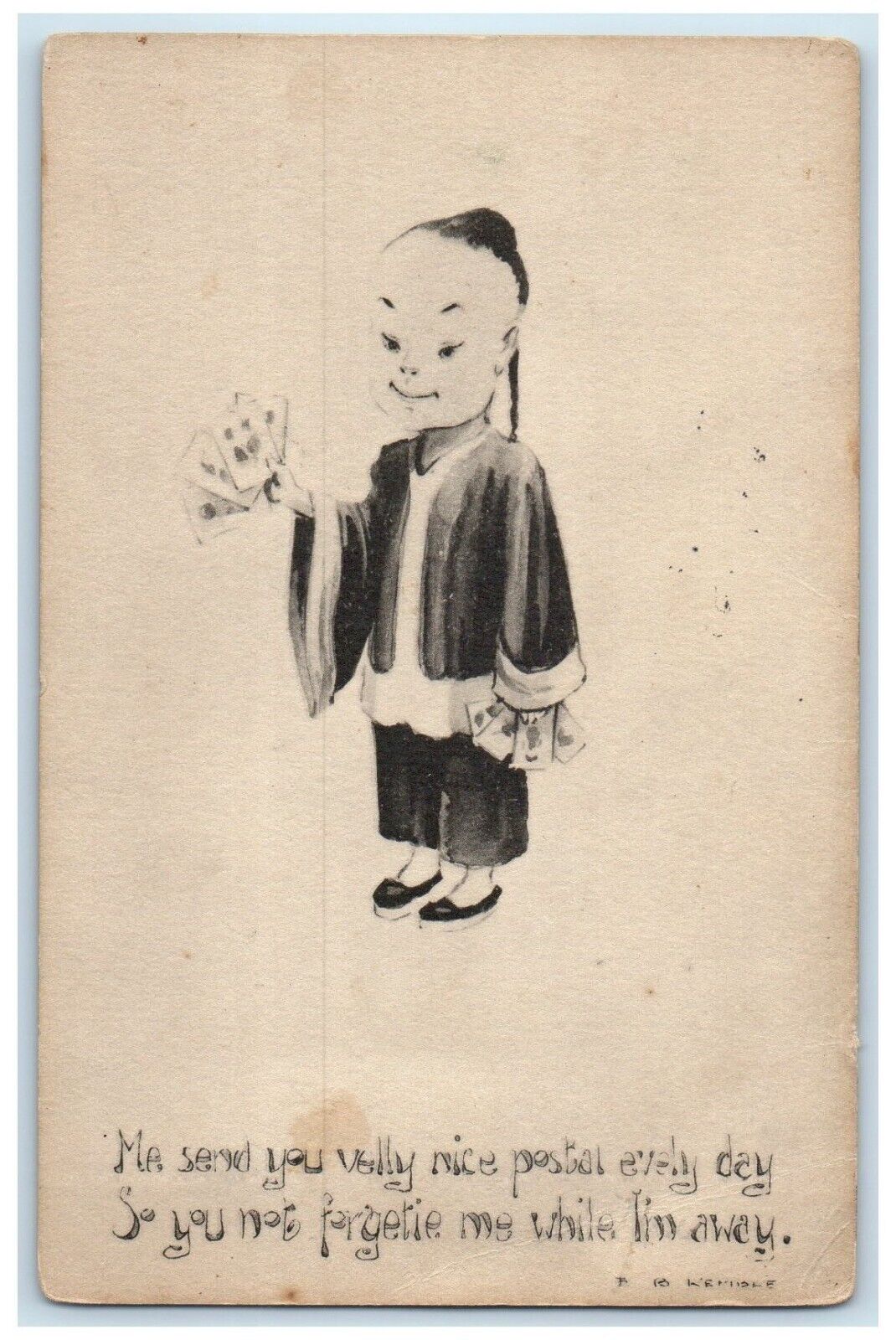 1914 Chinese Man Holding Cards Gibson Chicnasha Oklahoma OK Antique Postcard