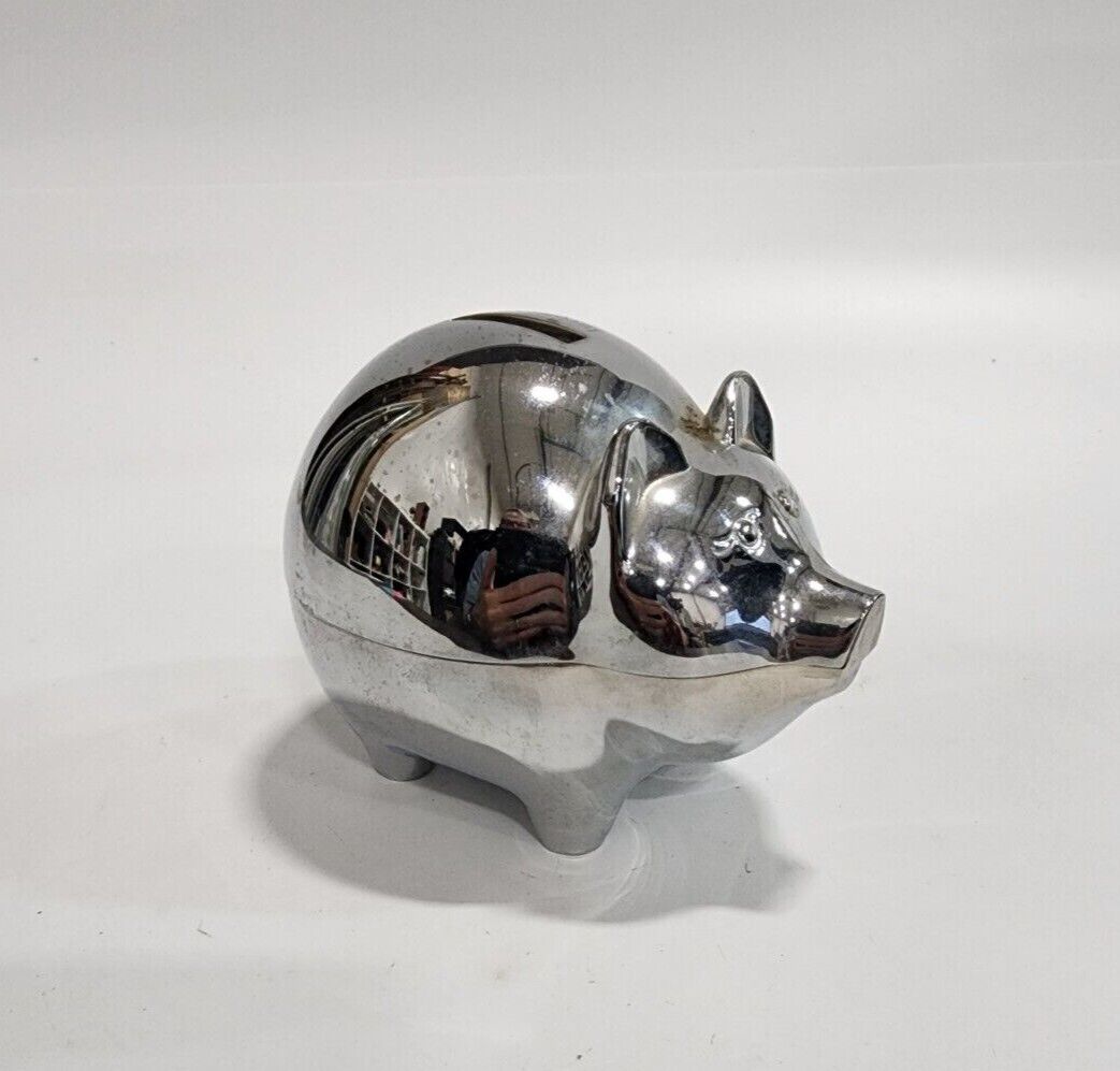 Vintage Elegance Brand Silver Plated Metal Coin Piggy Bank w Stopper