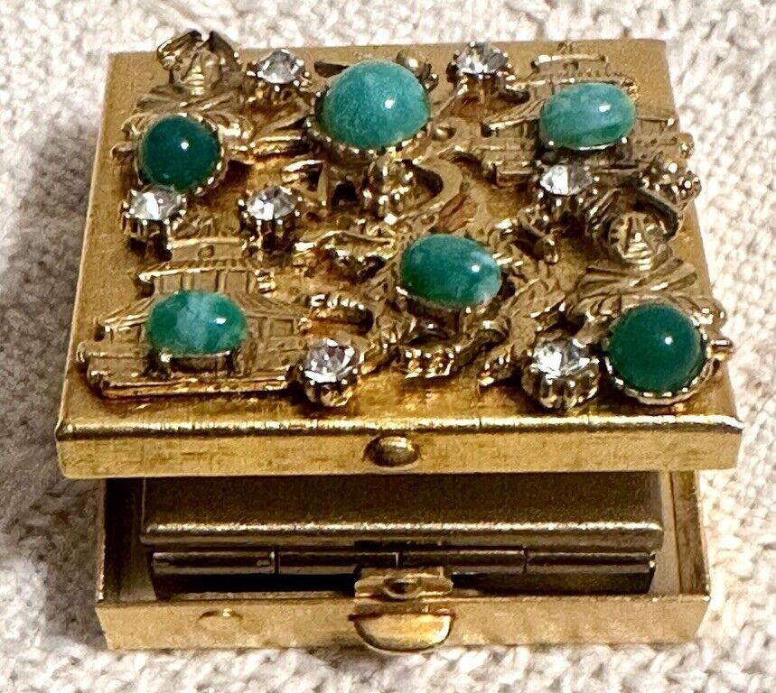Vtg 1960’s Brass Trinket/Pill Box Malachite & Diamond Inlays Dragons & Buddhas