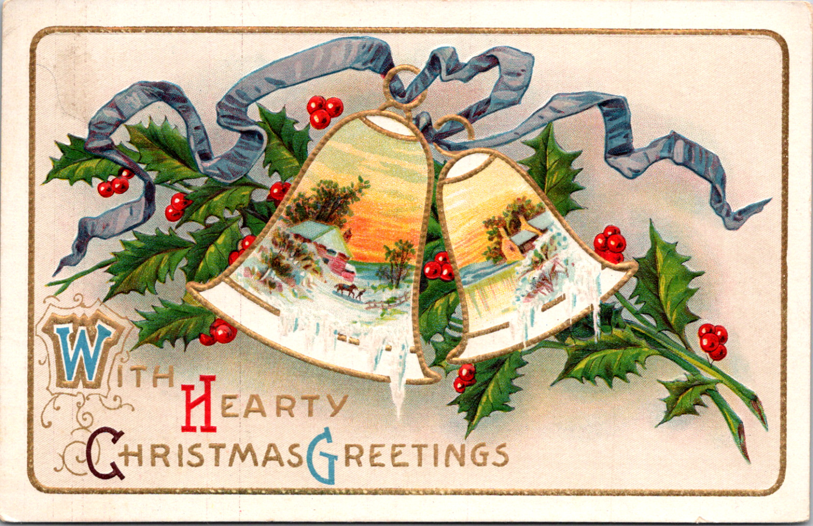 Vintage C 1910 With Hearty Christmas Greetings Bells Winter Snow Ice Postcard 
