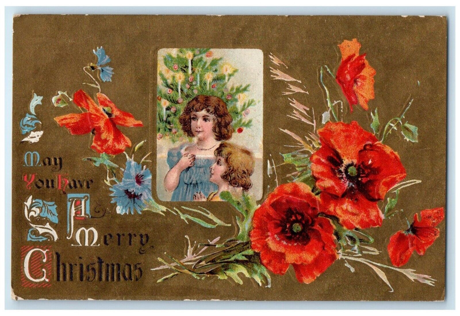 c1910's Merry Christmas Tree Girls Flowers Embossed Posted Antique Postcard