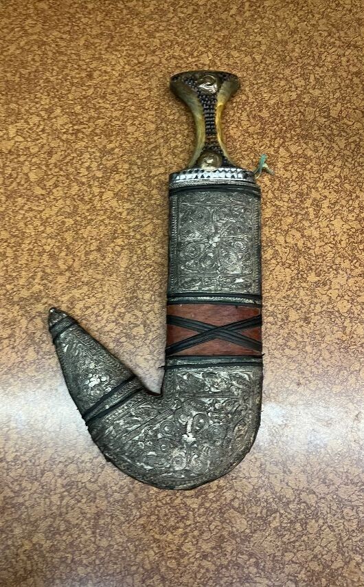 Middle Eastern Jambiya Dagger with Silver Filagree and Leather Scabbard