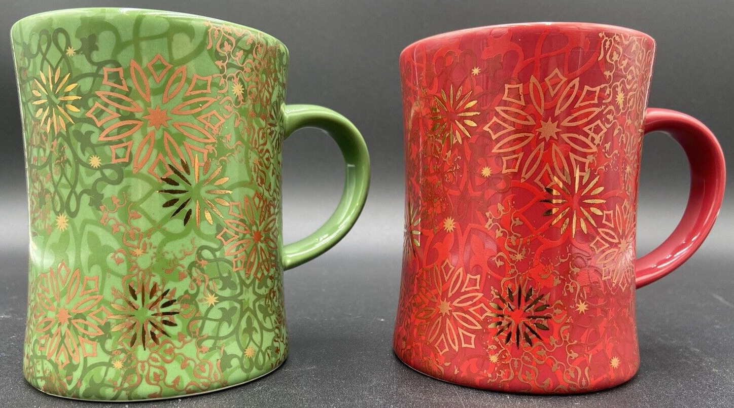 Peet\'s Coffee & Tea Holiday 2010 Red & Green Christmas Mugs Gold Snowflakes Set