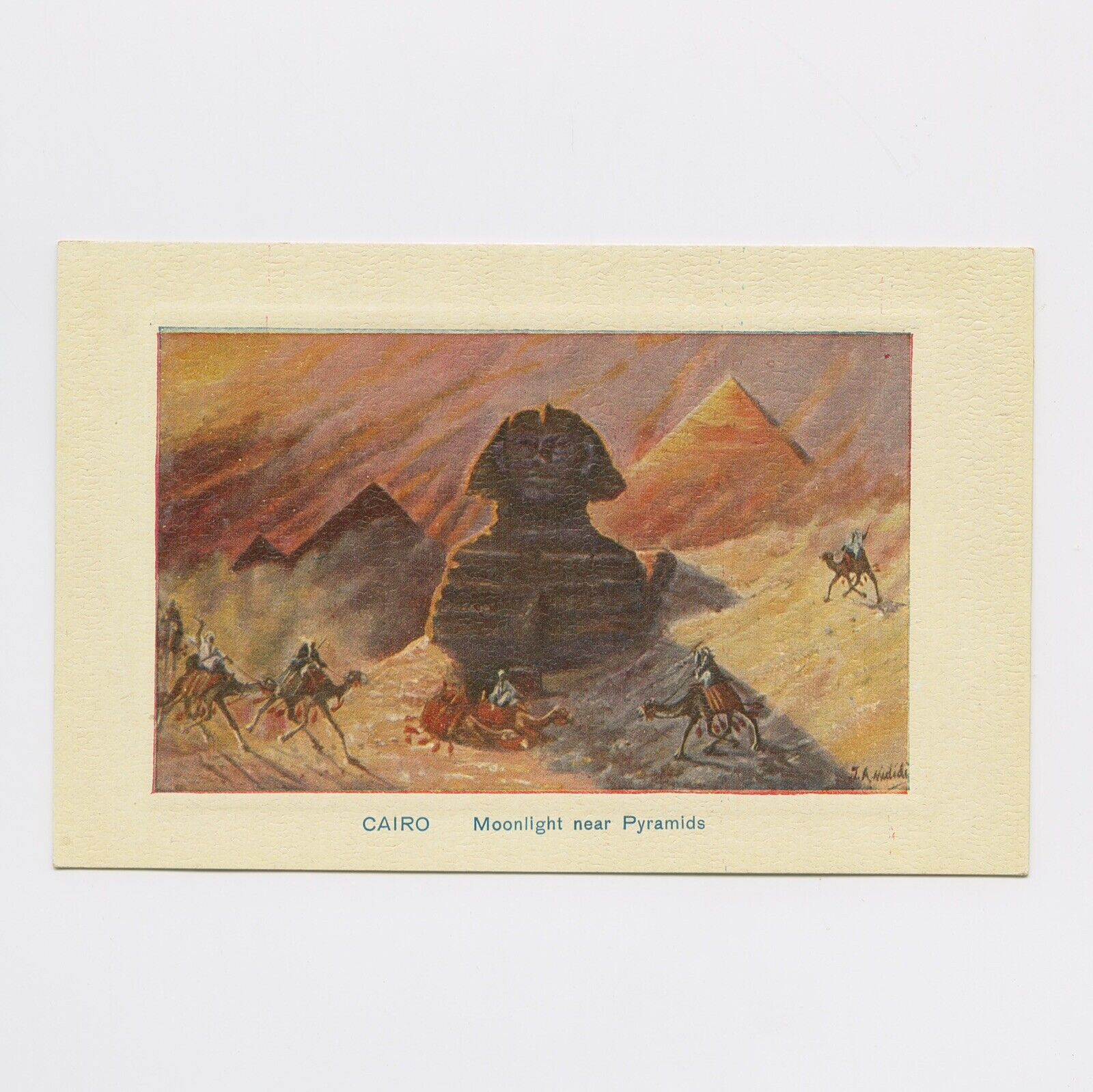 Egypt Cairo Giza Sphinx Pyramids Camel Desert Art  PC01 P01083 Vintage Postcard
