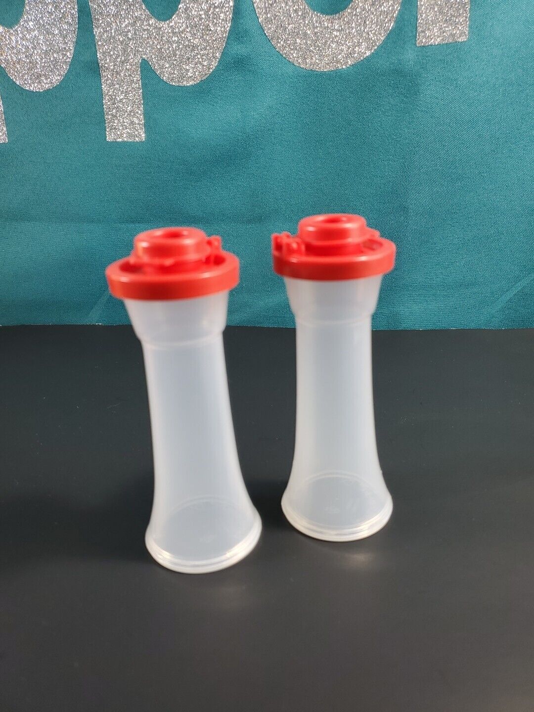 Tupperware Small 4” Hourglass Salt and Pepper Shakers Mini Clear With Red Seal