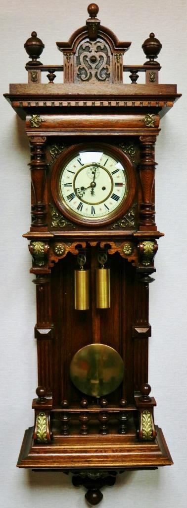 Rare Antique Gustav Becker Twin Weight Oak & Brass Vienna Regulator Wall Clock