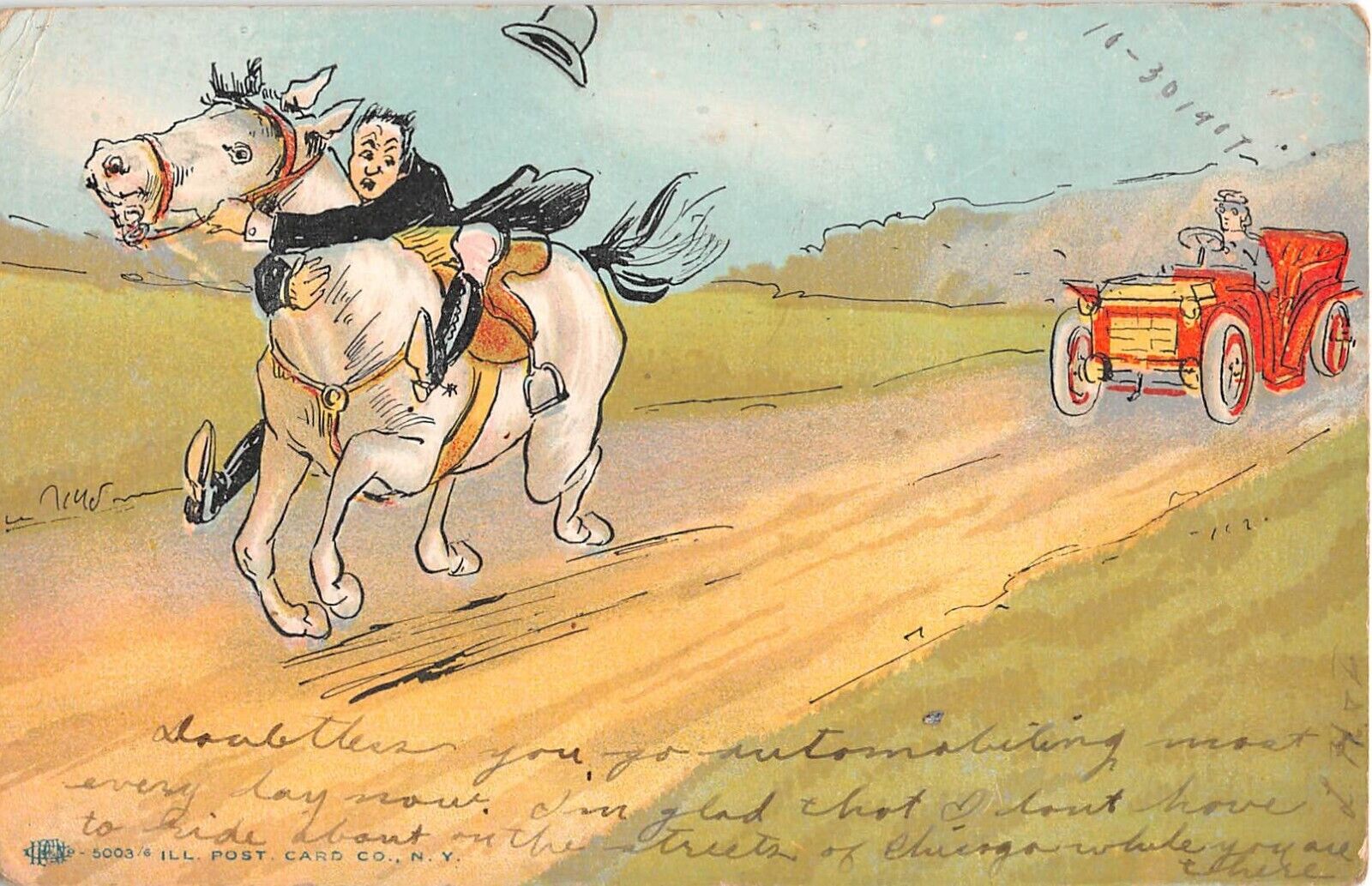 1907 Comic Postcard of Man Clinging To Horse Running From Vintage Automobile